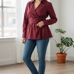 Apt. 9 Women's Red Faux-Wrap Blouse w Jeweled Buckle EUC size Large